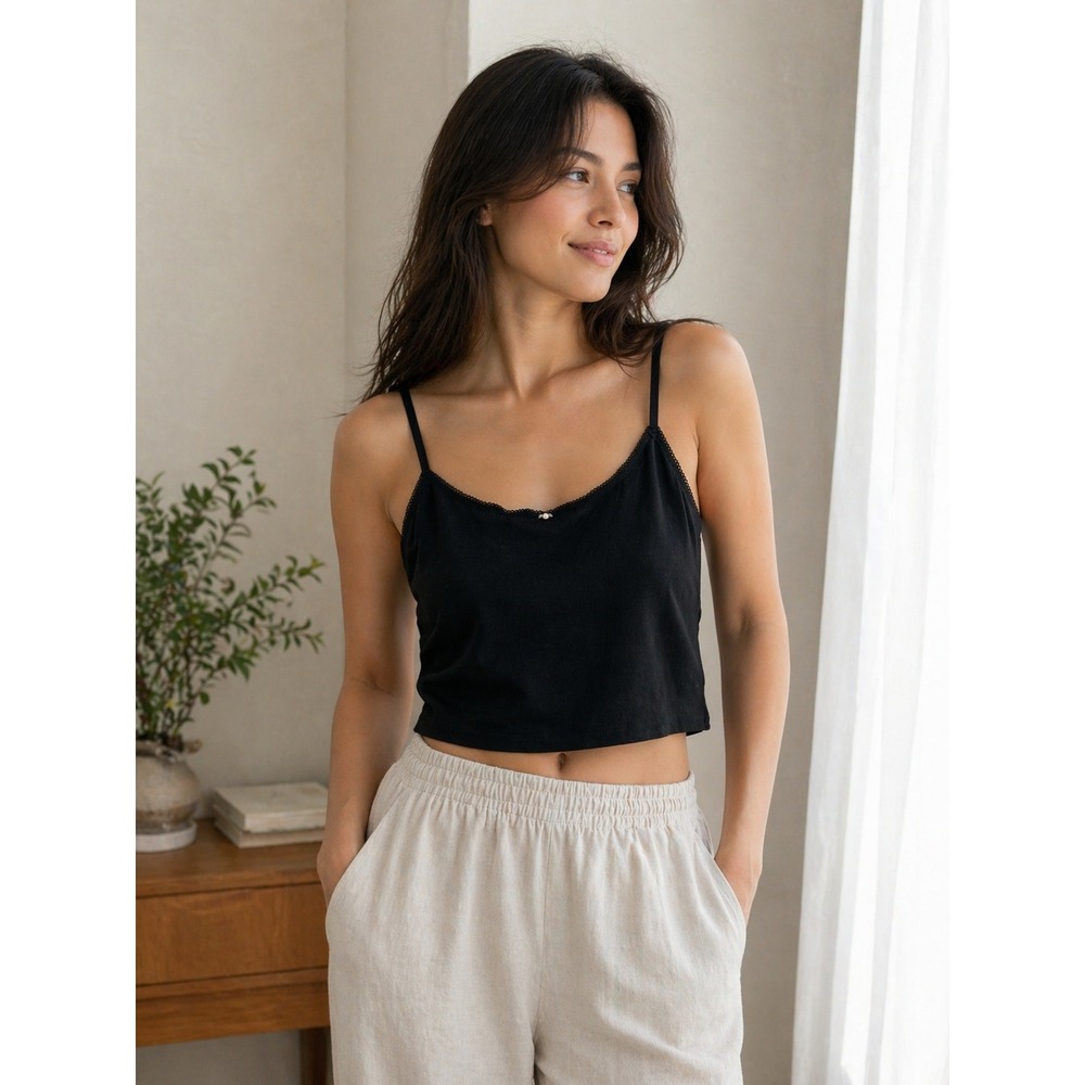 Aerie Black Pointelle Crop Camisole Top Rose Detail XXL Adjustable Straps